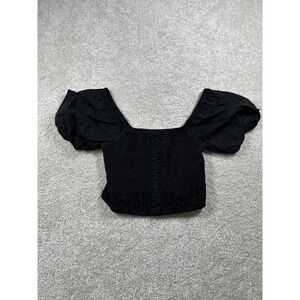 Simply Blessed‎ Top Womens Small Puff Sleeve Smocked Linen Blend Peasant Crop
